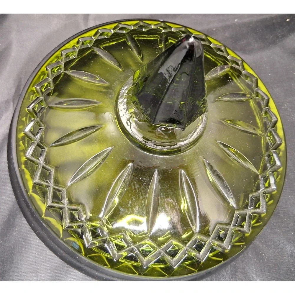 Vintage Olive Green Pressed Glass Candy Dish Lid Diamond Point Thumbprint Jar
